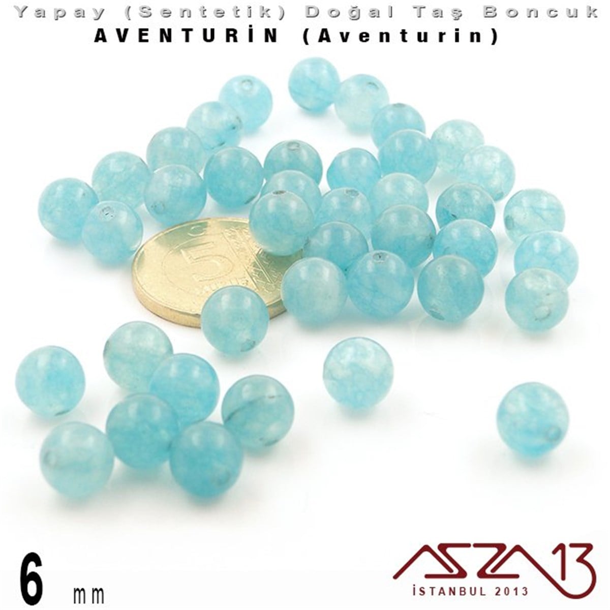 6 mm - Sentetik - Yuvarlak - Düz Yüzey - Aventurin (Aventurin) / 40 Adet