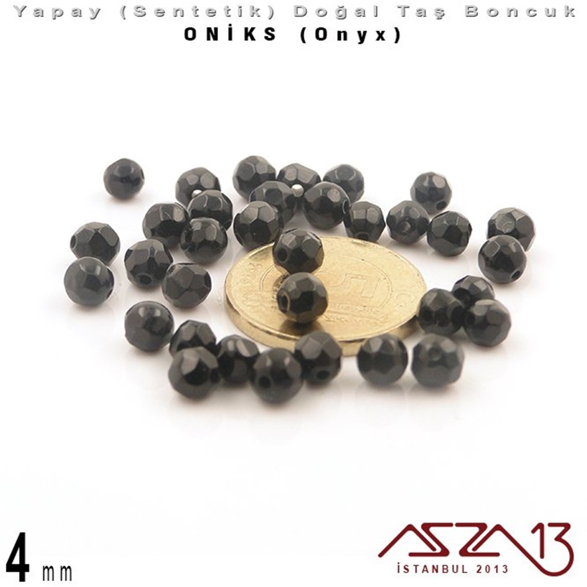 4 mm - Sentetik - Yuvarlak - Geodezik Yüzey - Oniks (Onyx) / 34 Adet
