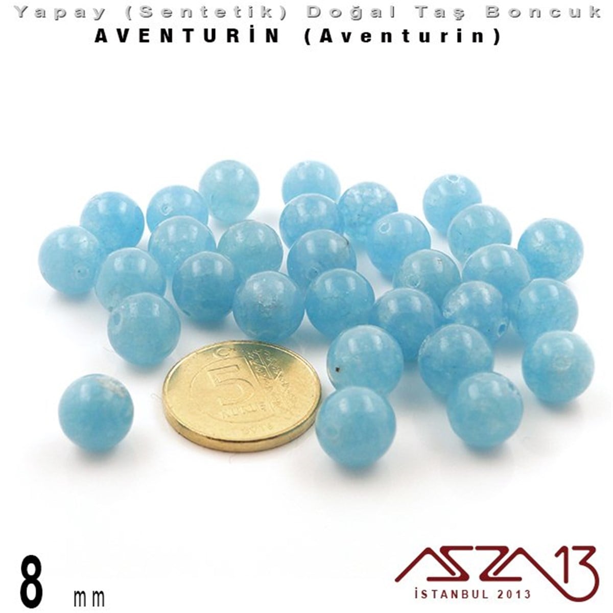 8 mm - Sentetik - Yuvarlak - Düz Yüzey - Aventurin (Aventurine) / 30 Adet