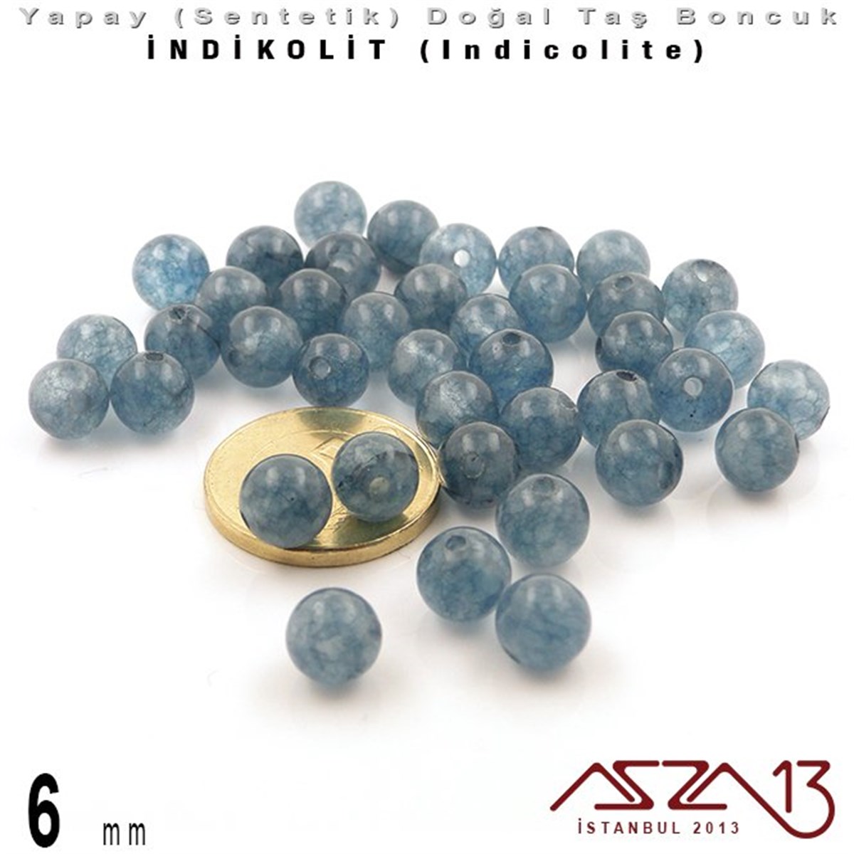 6 mm - Sentetik - Yuvarlak - Düz Yüzey - İndikolit (Indicolite) / 40 Adet
