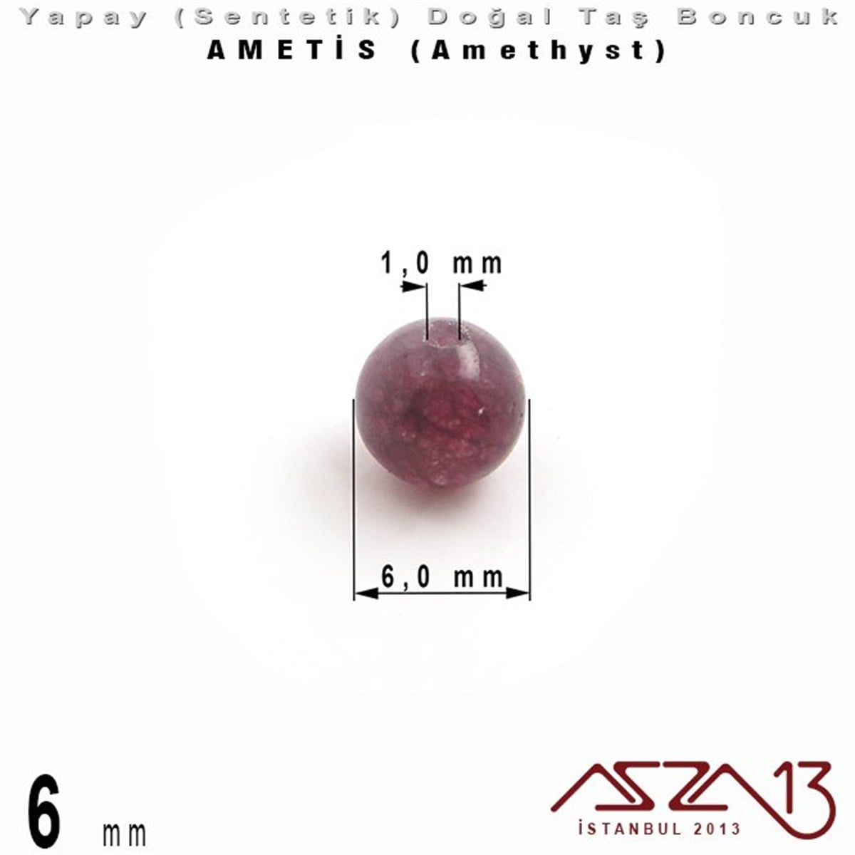 6 mm - Sentetik - Yuvarlak - Düz Yüzey - Ametis (Amethyst) / 40 Adet
