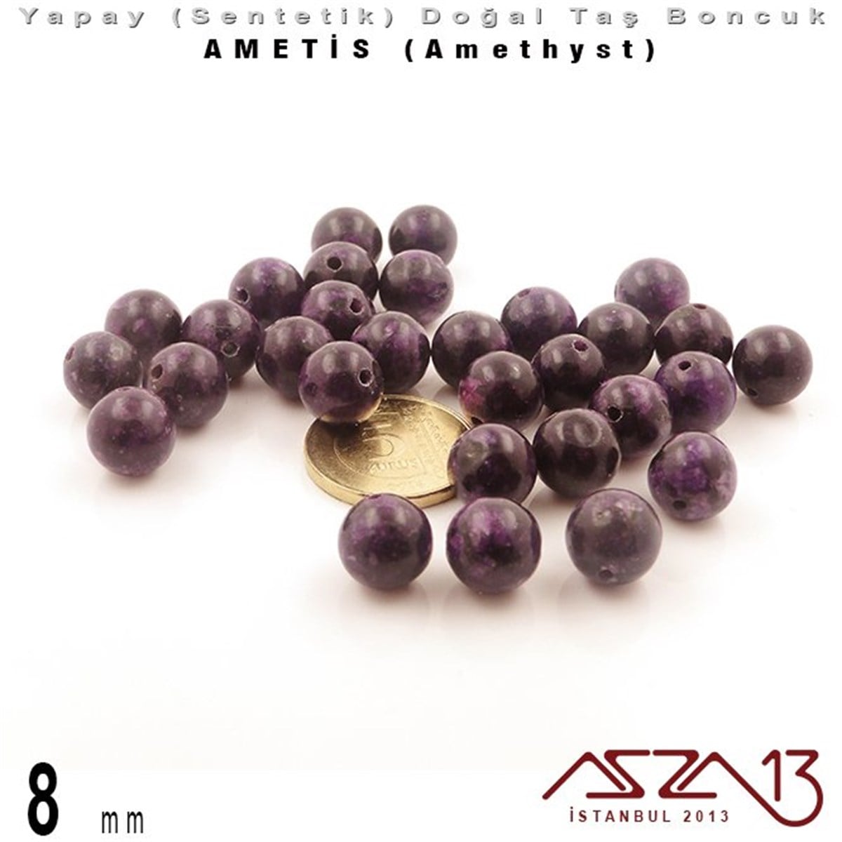 8 mm - Sentetik - Yuvarlak - Düz Yüzey - Ametis (Amethyst) / 30 Adet