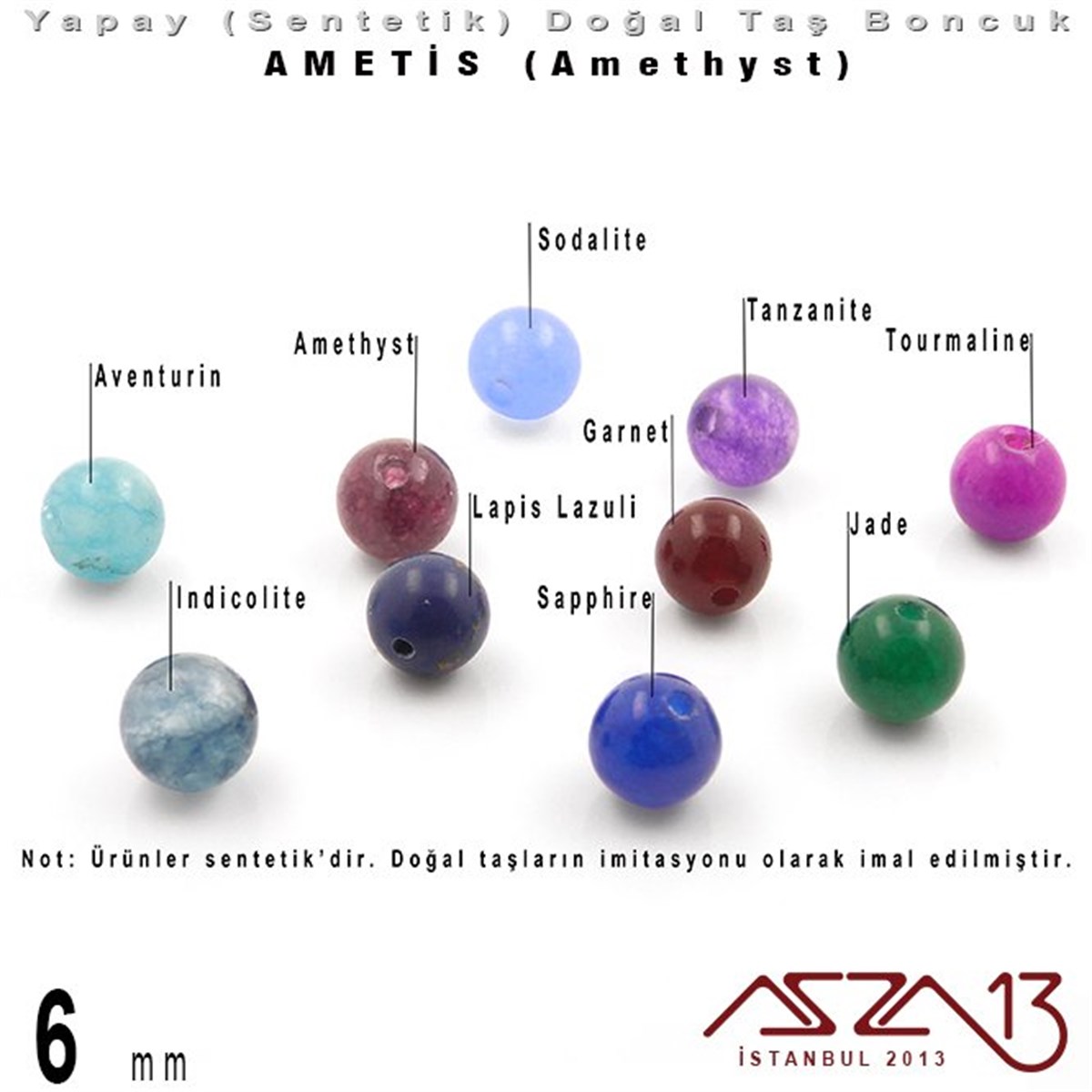 6 mm - Sentetik - Yuvarlak - Düz Yüzey - Ametis (Amethyst) / 40 Adet
