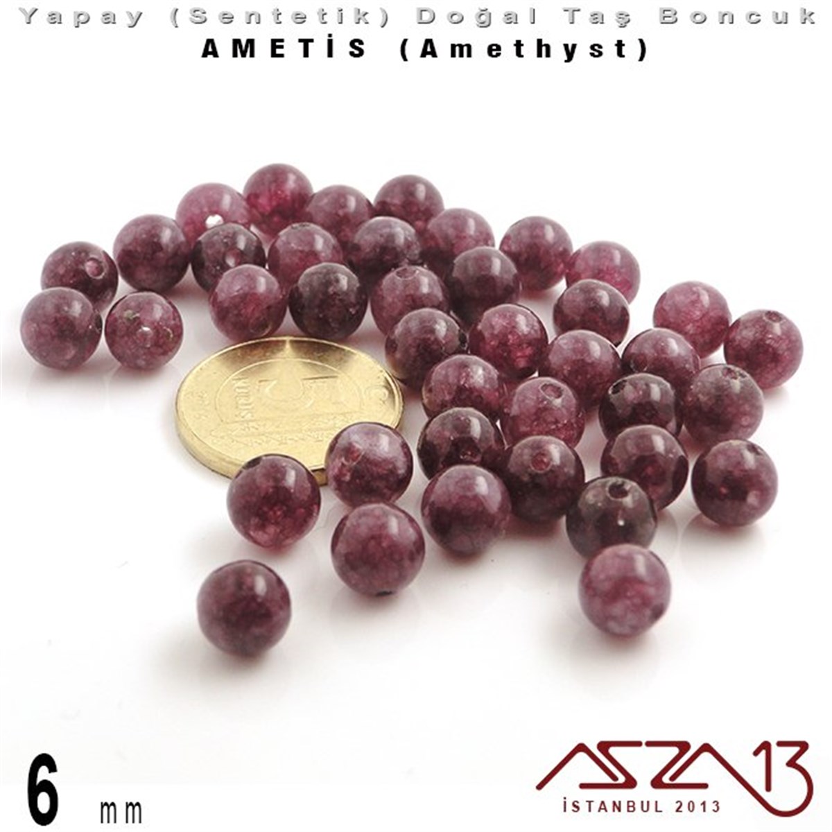 6 mm - Sentetik - Yuvarlak - Düz Yüzey - Ametis (Amethyst) / 40 Adet