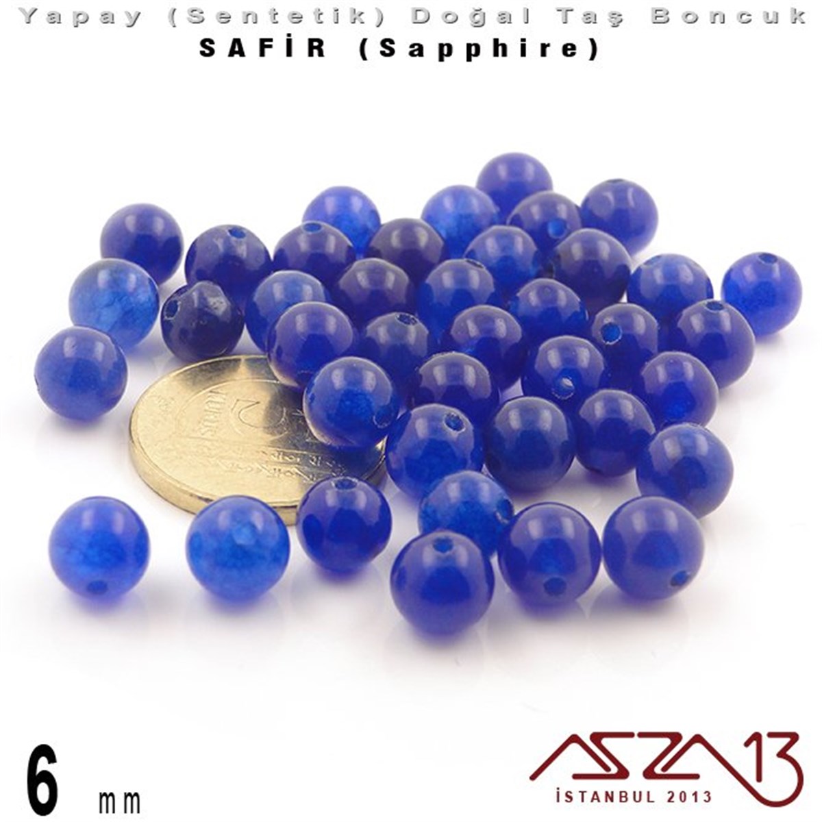 6 mm - Sentetik - Yuvarlak - Düz Yüzey - Safir (Sapphire) / 40 Adet