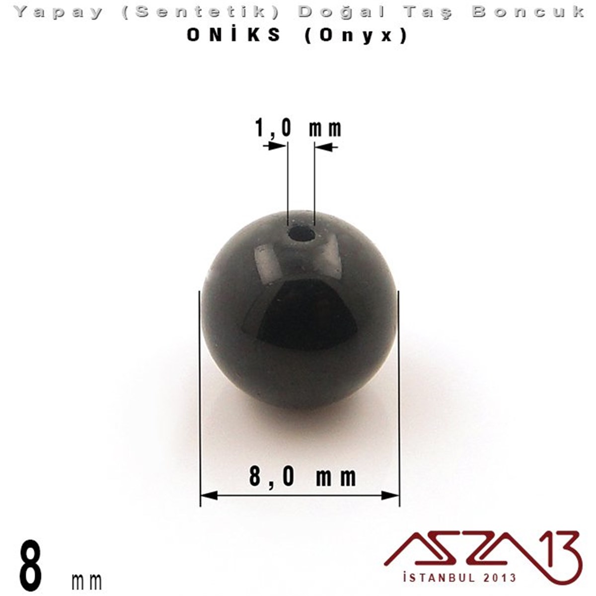 8 mm - Sentetik - Yuvarlak - Düz Yüzey - Siyah Parlak Oniks (B. Shine Onyx) / 30 Adet