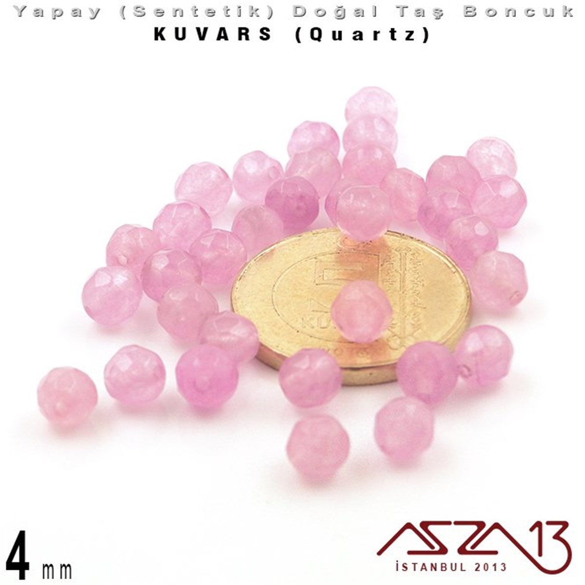 4 mm - Sentetik - Yuvarlak - Geodezik Yüzey - Pembe Kuvars (Rose Quartz) / 34 Adet
