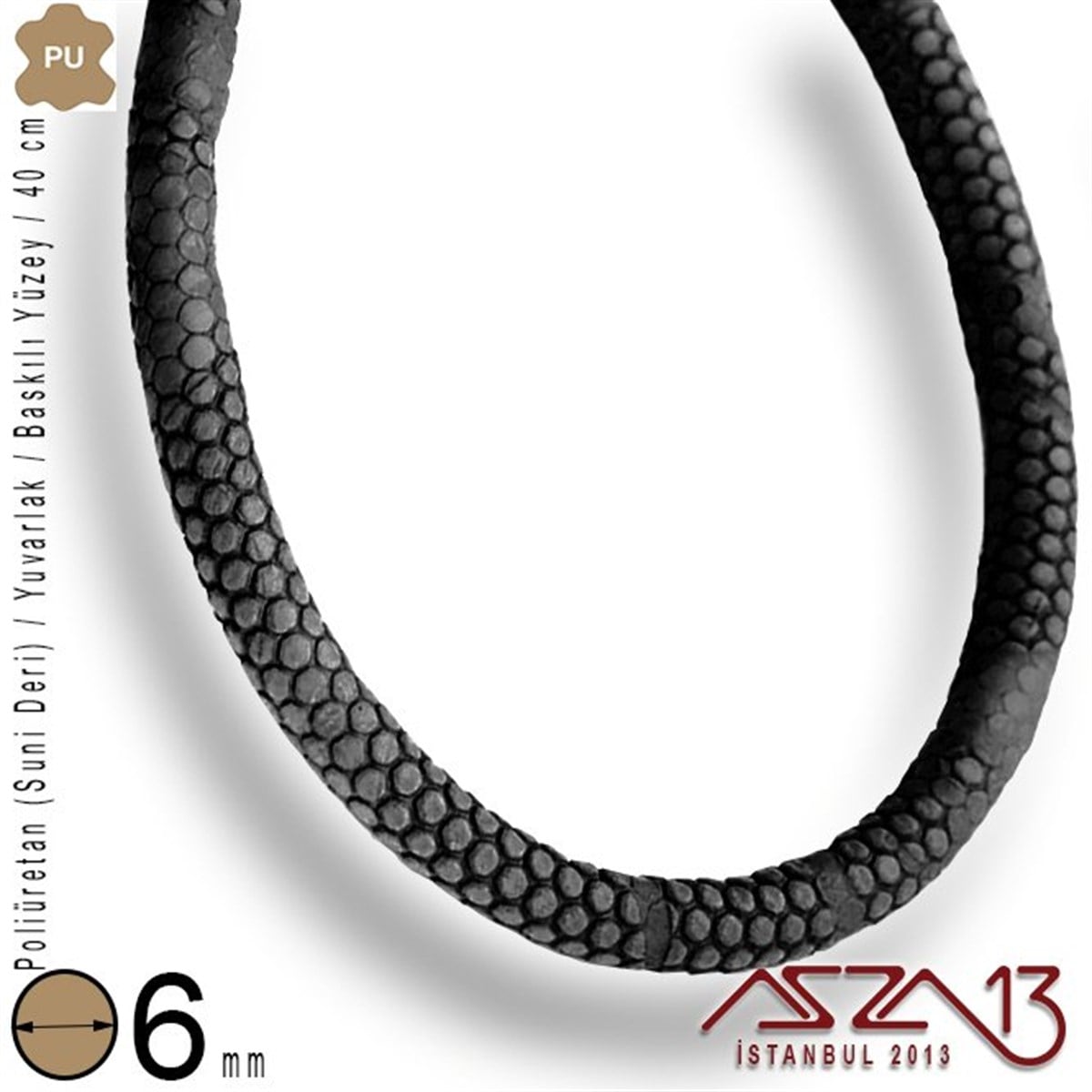 PU Deri - 6 mm - Siyah - Baskılı Yüzey - Yuvarlak Kesit - Kordon / 40 cm