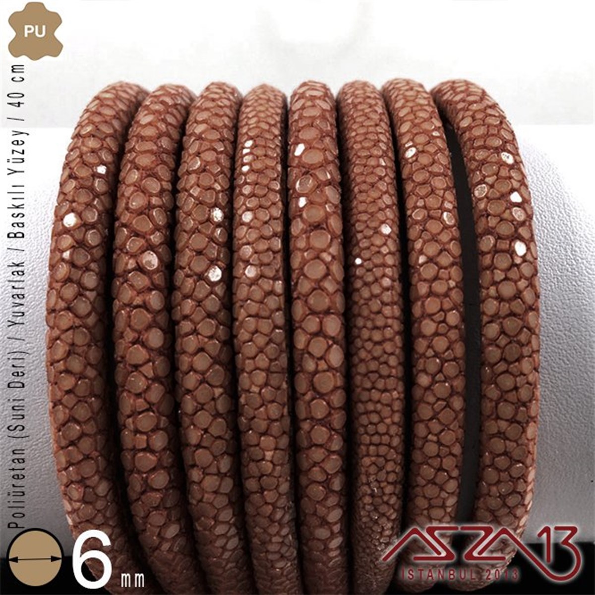 PU Deri - 6 mm - Kahverengi - Baskılı Yüzey - Yuvarlak Kesit - Kordon / 40 cm
