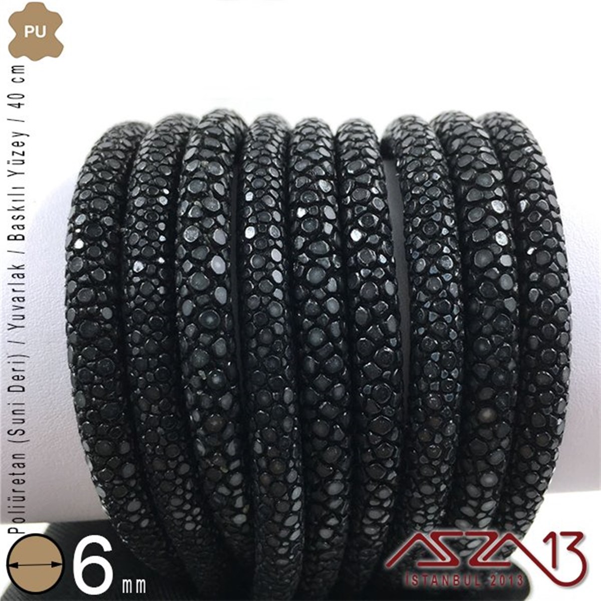 PU Deri - 6 mm - Siyah - Baskılı Yüzey - Yuvarlak Kesit - Kordon / 40 cm