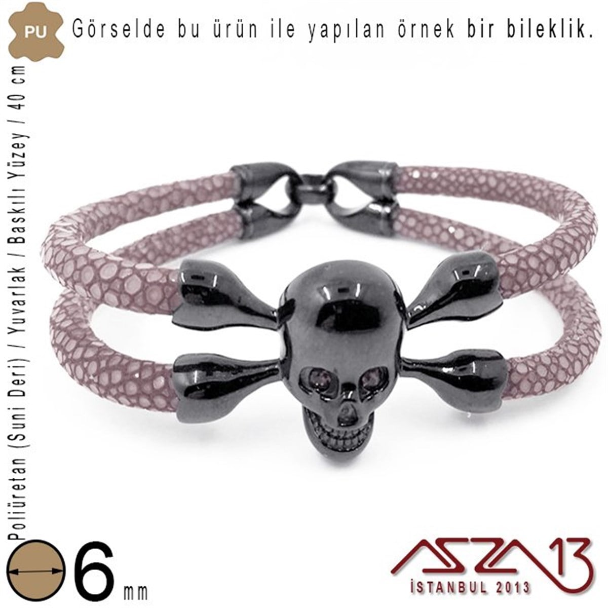 PU Deri - 6 mm - Açık Mor - Baskılı Yüzey - Yuvarlak Kesit - Kordon / 40 cm