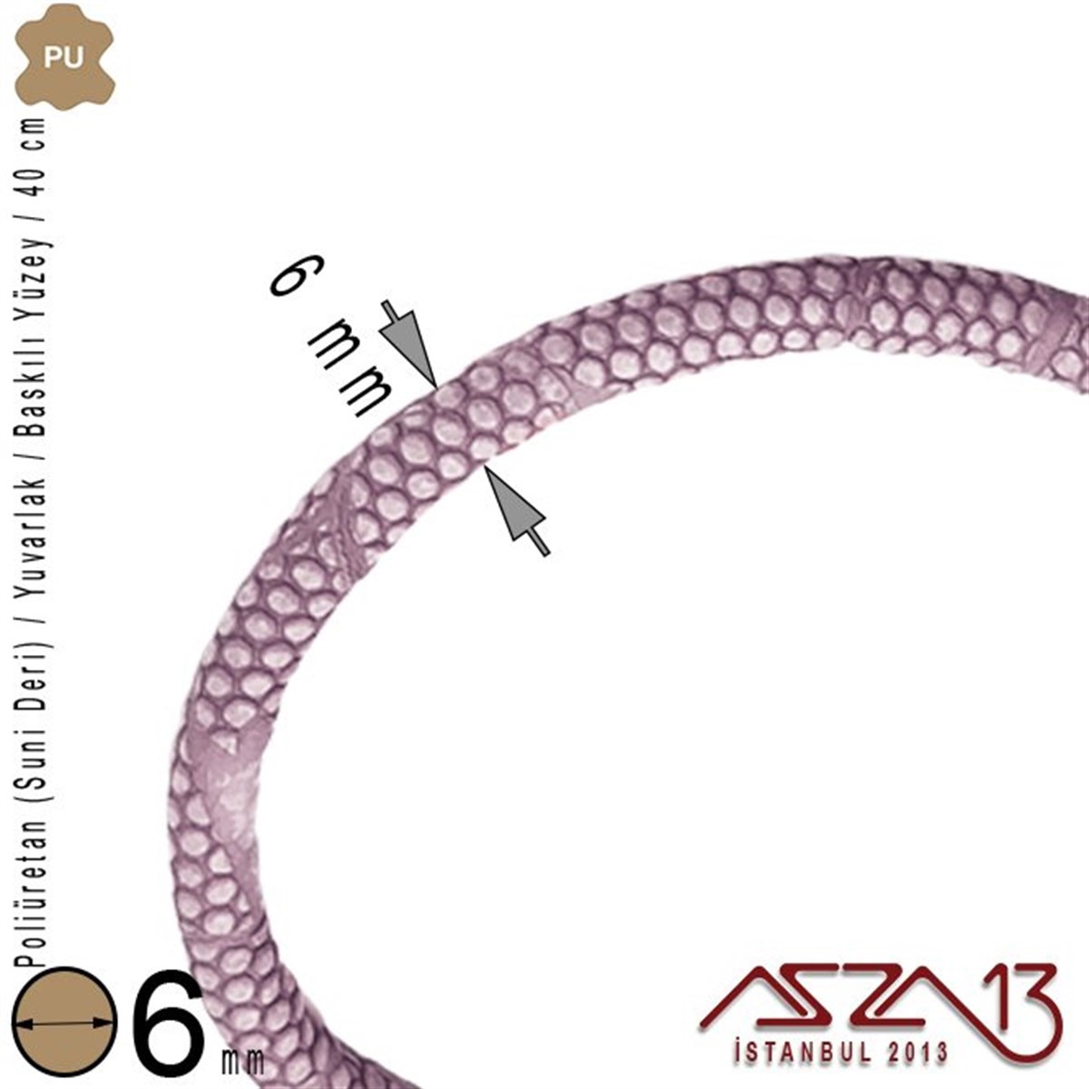 PU Deri - 6 mm - Açık Mor - Baskılı Yüzey - Yuvarlak Kesit - Kordon / 40 cm