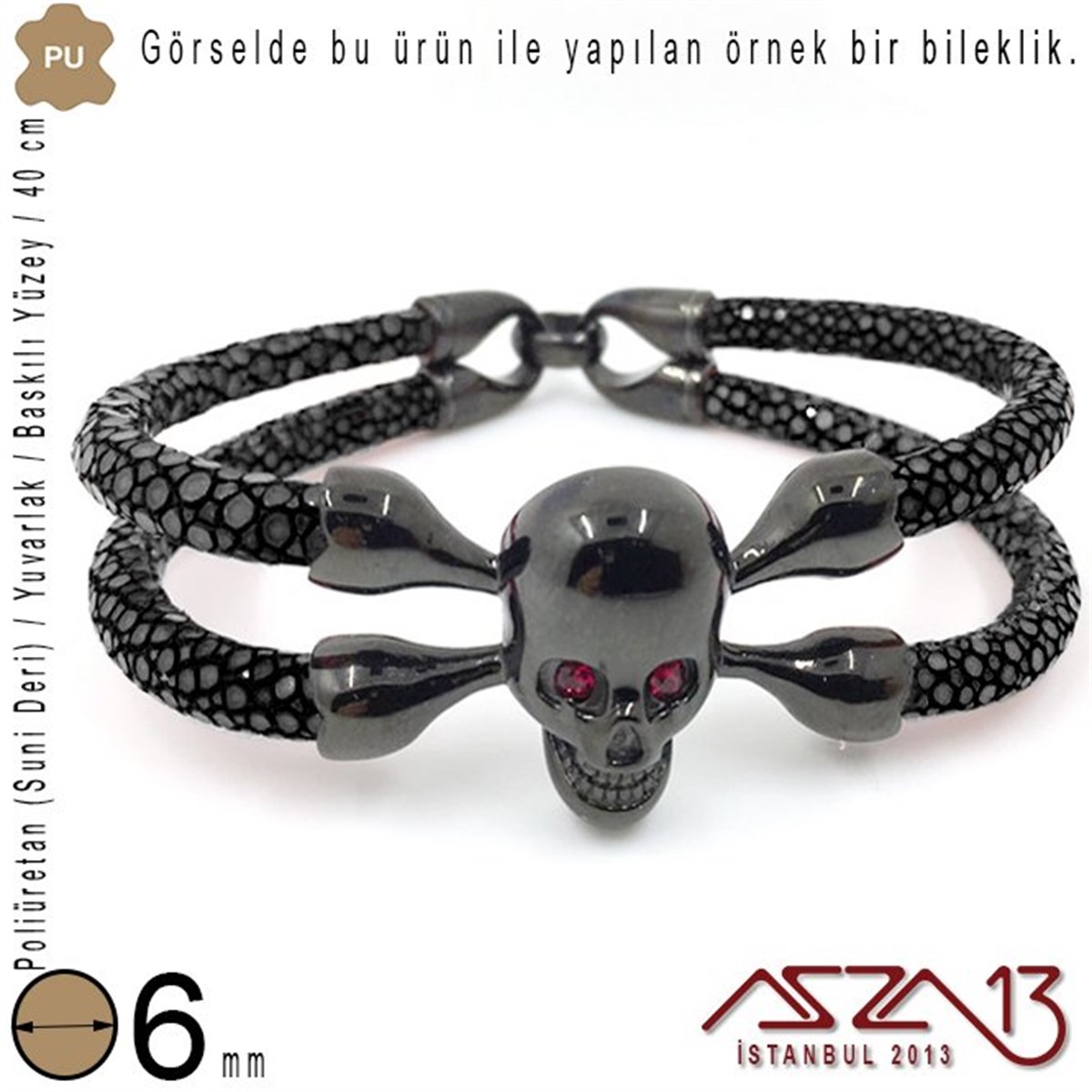 PU Deri - 6 mm - Siyah - Baskılı Yüzey - Yuvarlak Kesit - Kordon / 40 cm
