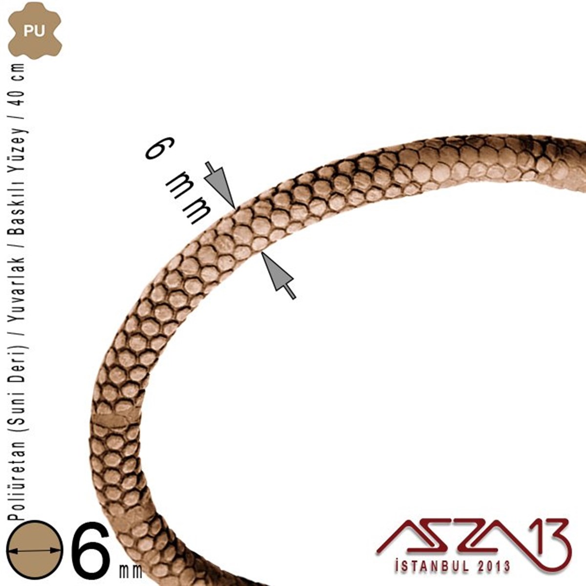 PU Deri - 6 mm - Açık Kahverengi - Baskılı Yüzey - Yuvarlak Kesit - Kordon / 40 cm