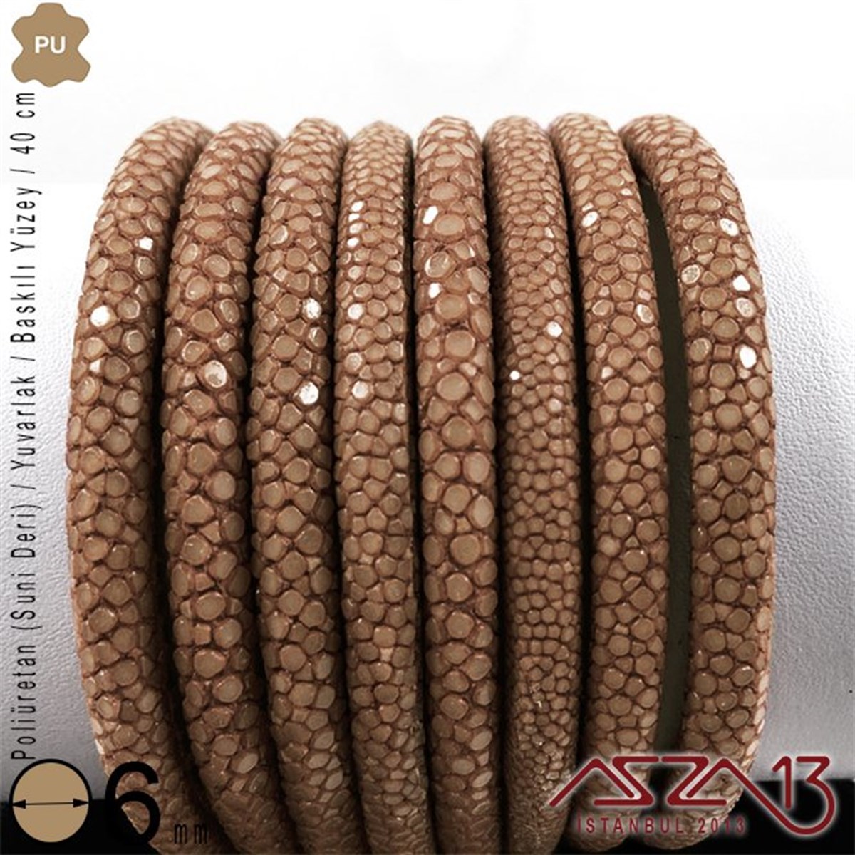 PU Deri - 6 mm - Açık Kahverengi - Baskılı Yüzey - Yuvarlak Kesit - Kordon / 40 cm