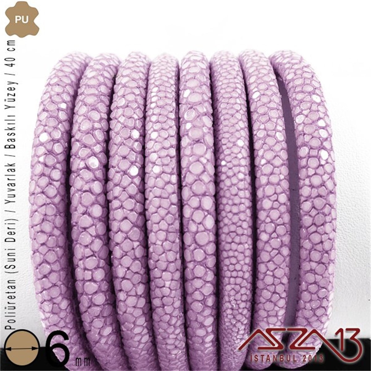 PU Deri - 6 mm - Açık Mor - Baskılı Yüzey - Yuvarlak Kesit - Kordon / 40 cm