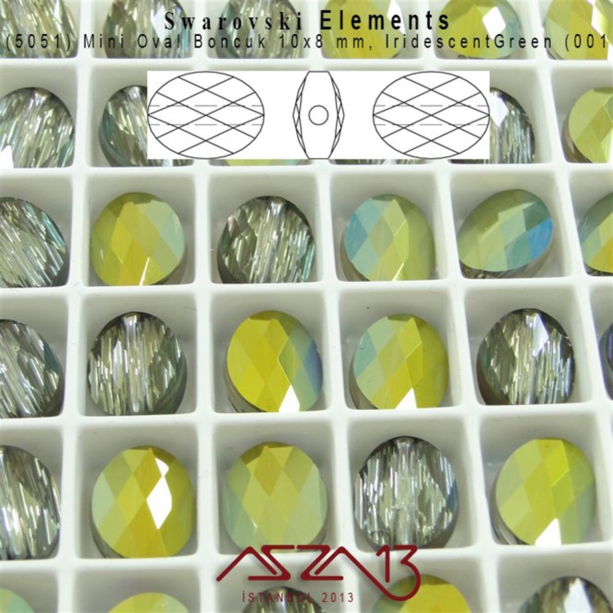5051 001 IRIG (Crystal Iridescent Green) Mini Oval Bead (Mini Oval Boncuk) 10x8 mm / 4 Adet