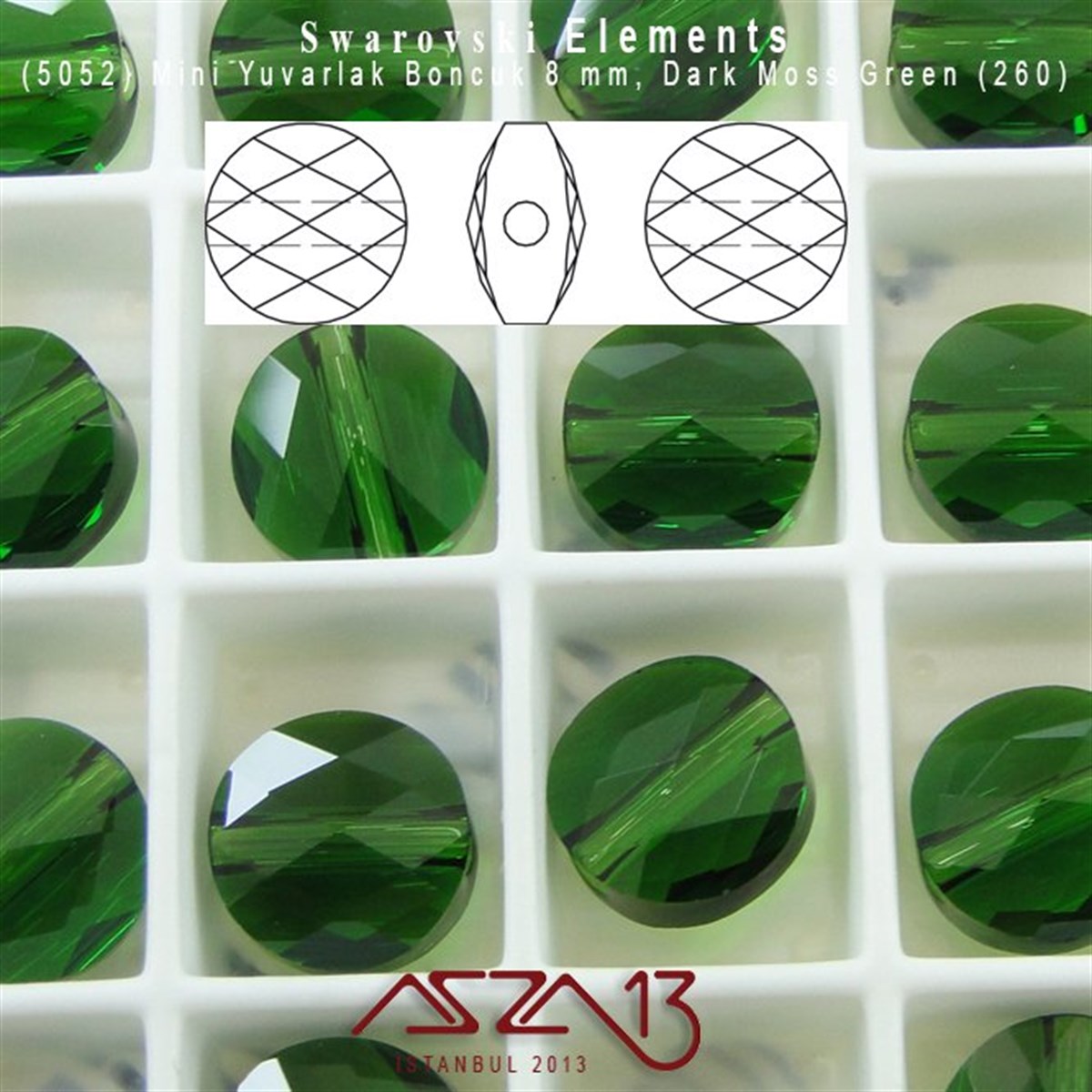 5052 260 (Dark Moss Green) Mini Round Bead (Mini Yuvarlak Boncuk) 8 mm / 4 Adet