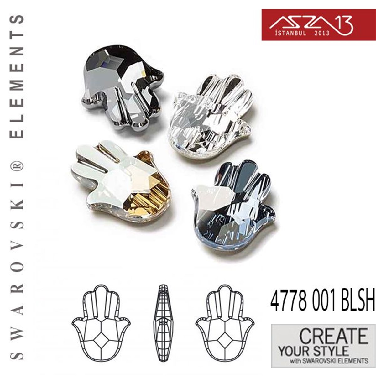 4778  001 BLSH (Crystal Blue Shade F) Fatima Hand Fancy Stone (Fatmanın Eli) 18x13,7 mm / Paket İçeriği 1 Adet