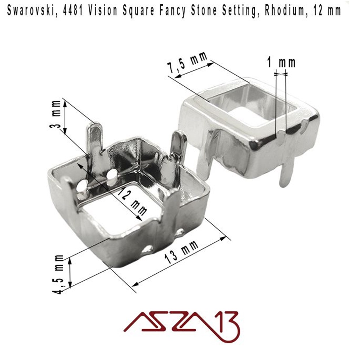 Swarovski 4481S Rhodium (Fancy Stone Setting) 12 mm Kare Taş Yuvası / 1 Adet
