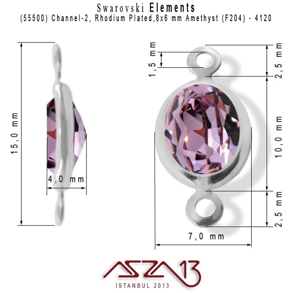 55500 F204 4120 (Amethyst) 8x6 mm Rhodium Plated Linked / 1 Adet