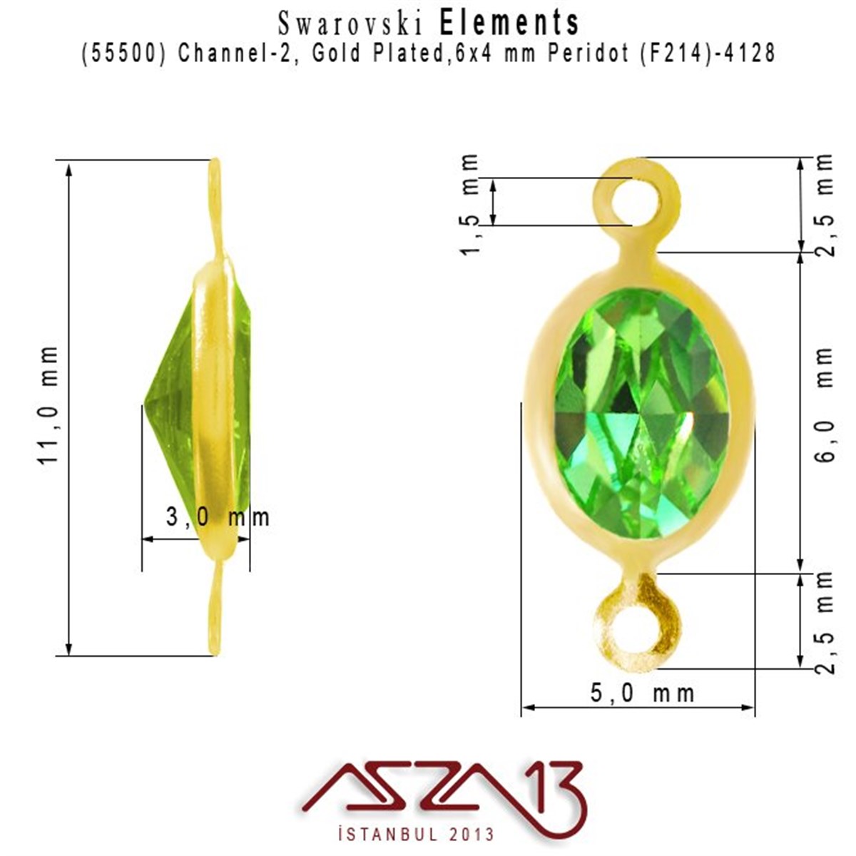 55500 F214 4128 (Peridot) 6 x 4 mm Gold Plated Linked / 1 Adet