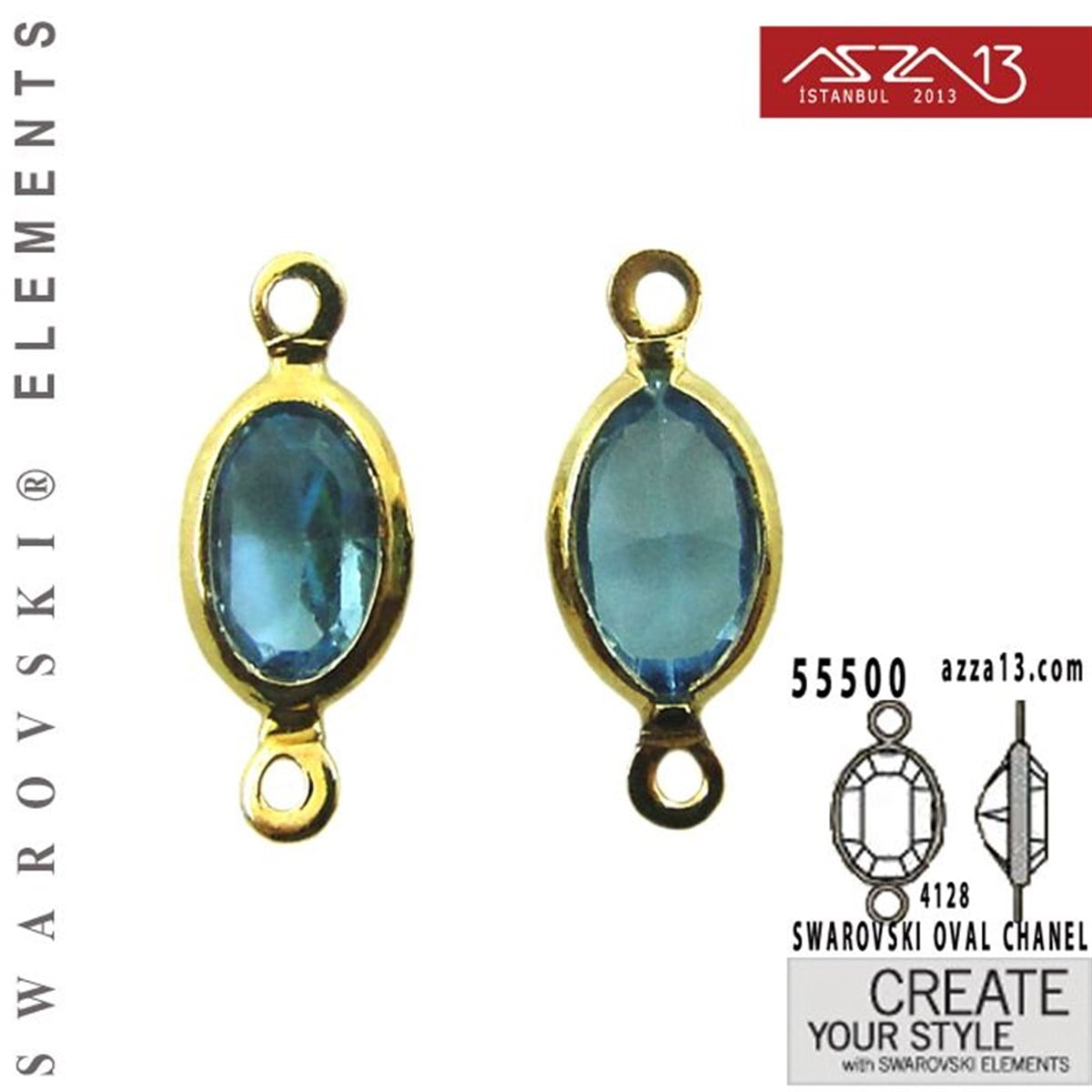 55500 F202 4128 (Aquamarine) 6 x 4 mm Gold Plated Linked / 1 Adet