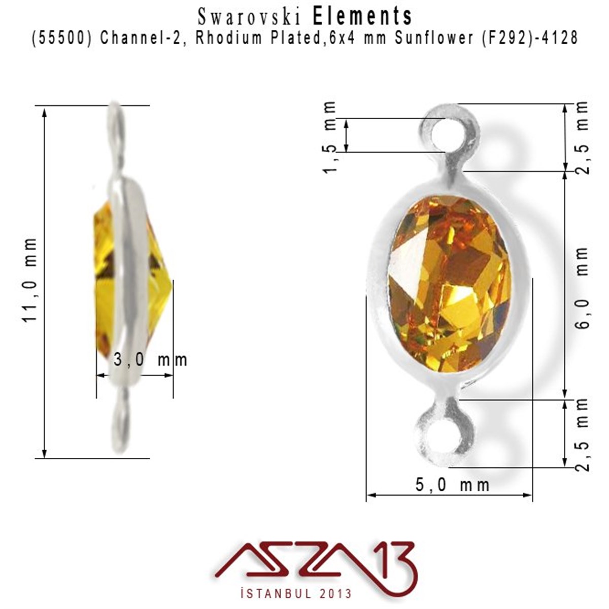 55500 F292 4128 (Sunflower) 6 x 4 mm Rhodium Plated Linked / 1 Adet