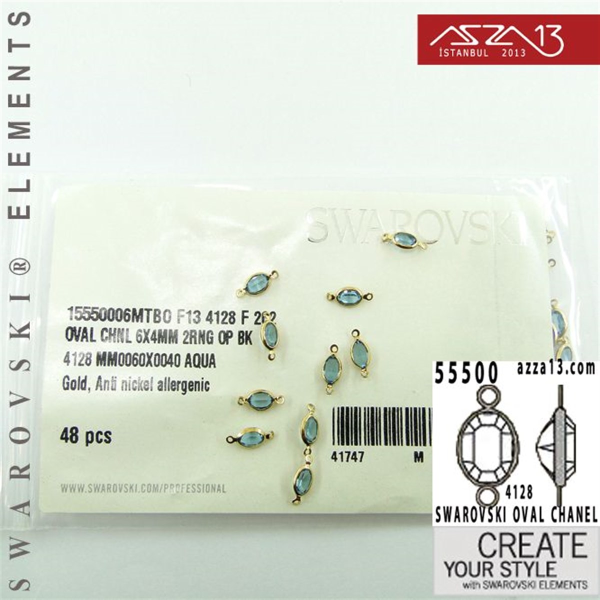 55500 F202 4128 (Aquamarine) 6 x 4 mm Gold Plated Linked / 1 Adet