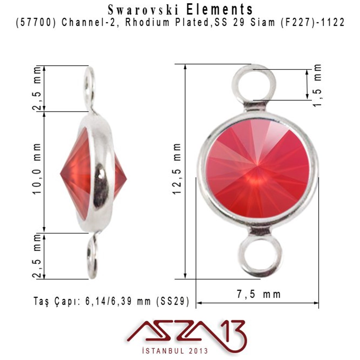 57700 F227 1122 (Lt. Siam) SS 29 Rhodium Plated Linked / 1 Adet