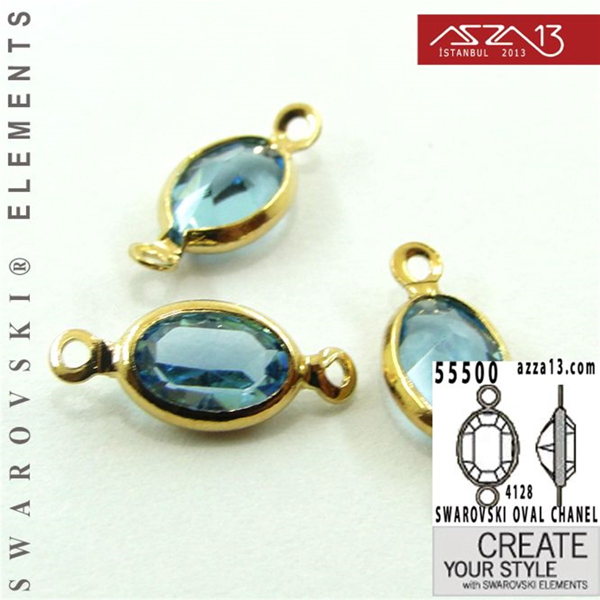 55500 F202 4128 (Aquamarine) 6 x 4 mm Gold Plated Linked / 1 Adet