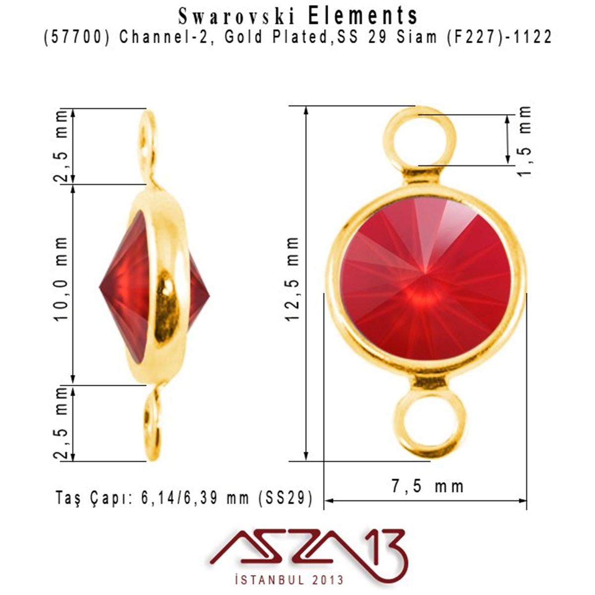57700 F227 1122 (Lt. Siam) SS 29 Gold Plated Linked / 1 Adet
