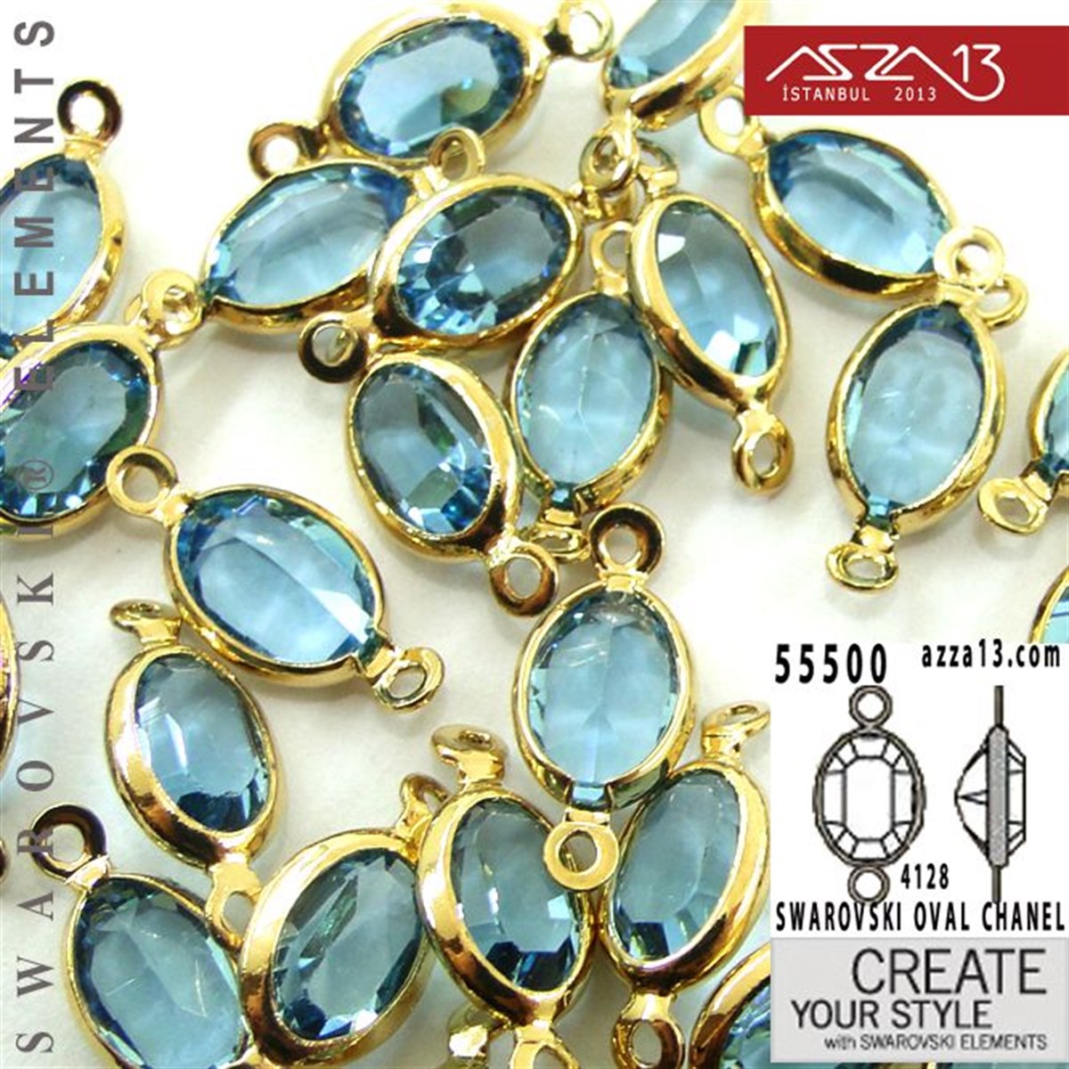 55500 F202 4128 (Aquamarine) 6 x 4 mm Gold Plated Linked / 1 Adet