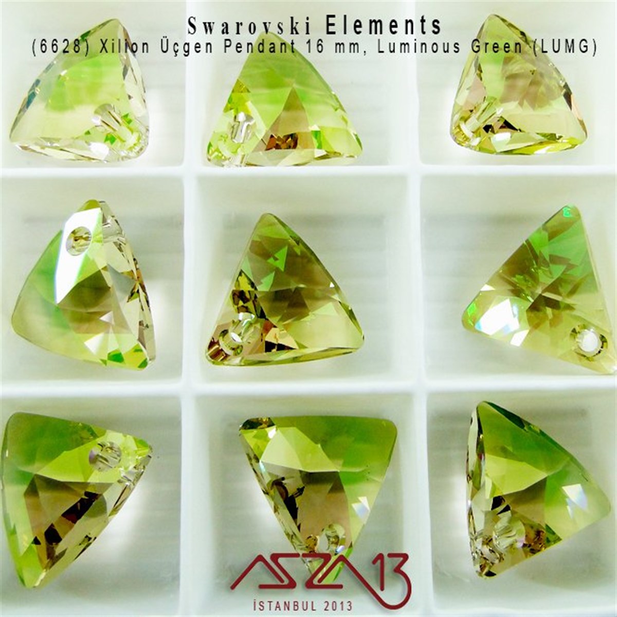 6628 001 LUMG (C.Luminous Green) Xilion Triangle Pendant (L.Yeşil Kapl.Kristal Renk Üçgen Şekilli Uç) 16 mm / Paket İçeriği 1 Adet