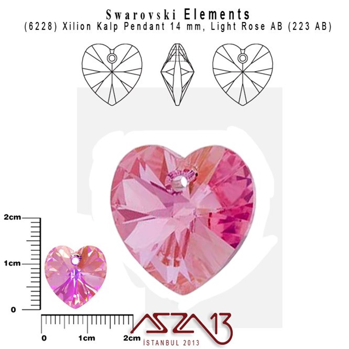 6228 223 (L.Rose C. Aurore Boreale)  Xilion Heart Pendant (A.Gül Kapl. Kristal Renk Kalp Şekilli Uç) 14 mm / 2 Adet