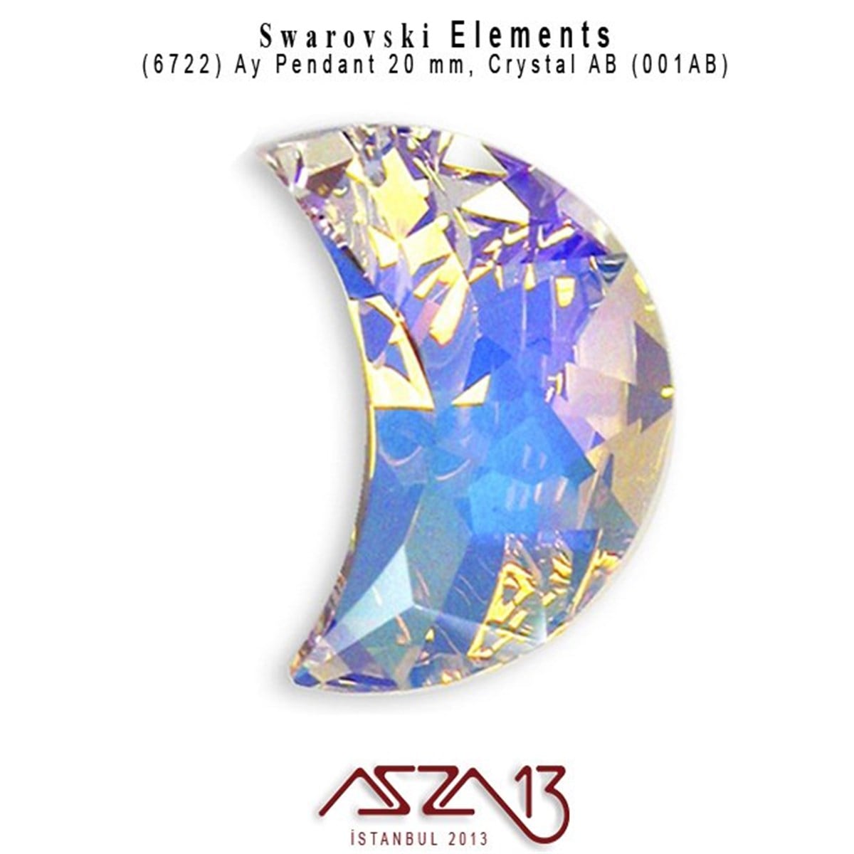 6722 001 AB (Crystal Aurore Boreale) Moon Pendant (Kaplamalı Kristal Renk, Ay Şekilli Uç) 20 mm / Paket İçeriği 1 Adet