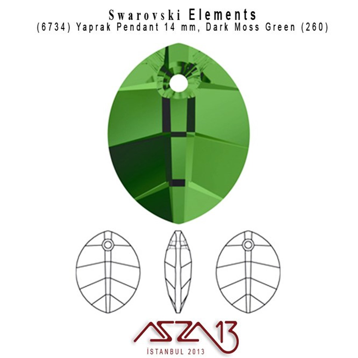 6734 260 (Dark Moss Green) Pure Leaf Pendant (Koyu Yeşil Renk, Yaprak Şekilli Uç) 14 mm / 2 Adet