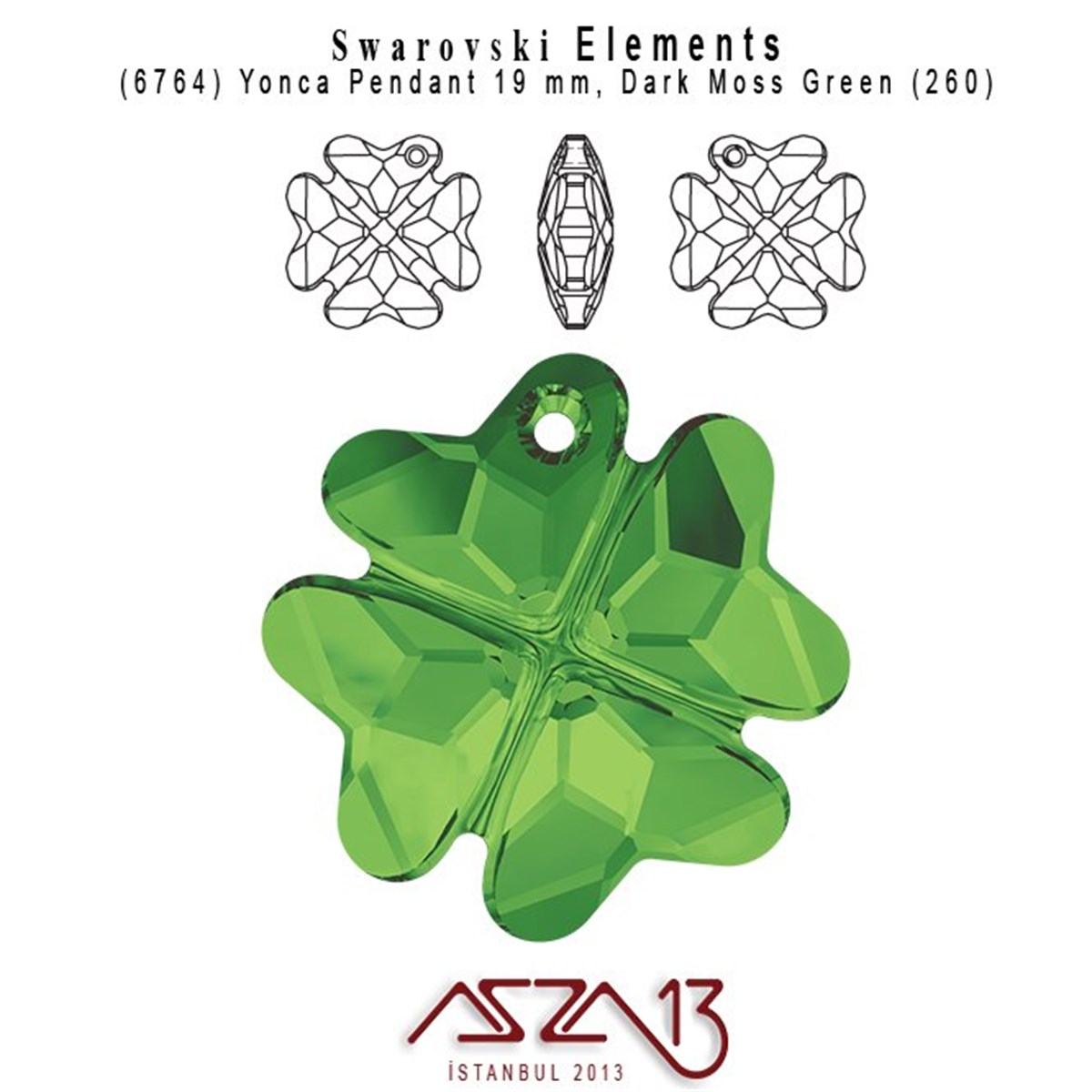 6764 260 (Dark Moss Green) Clover Pendant (Koyu Yeşil Renk, Yonca Şekilli Uç) 19 mm / Paket İçeriği 1 Adet