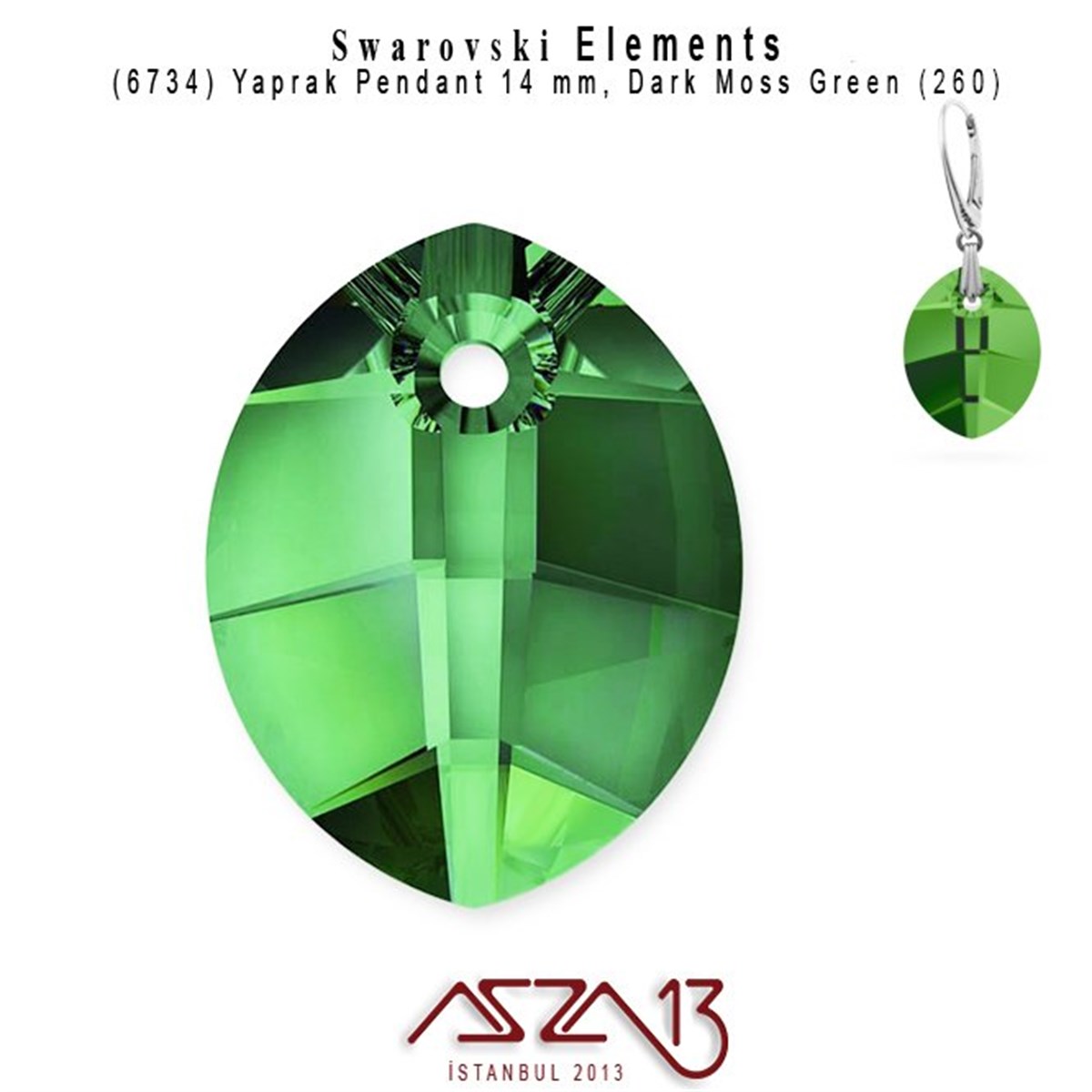 6734 260 (Dark Moss Green) Pure Leaf Pendant (Koyu Yeşil Renk, Yaprak Şekilli Uç) 14 mm / 2 Adet