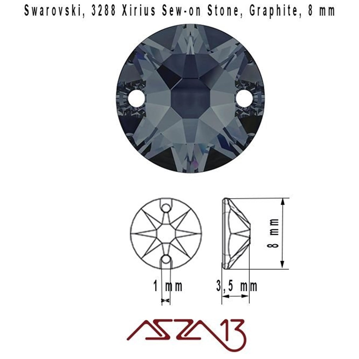 Swarovski 3288 Graphite (Sew-on Stone) 8 mm Kristal DikmeTaş