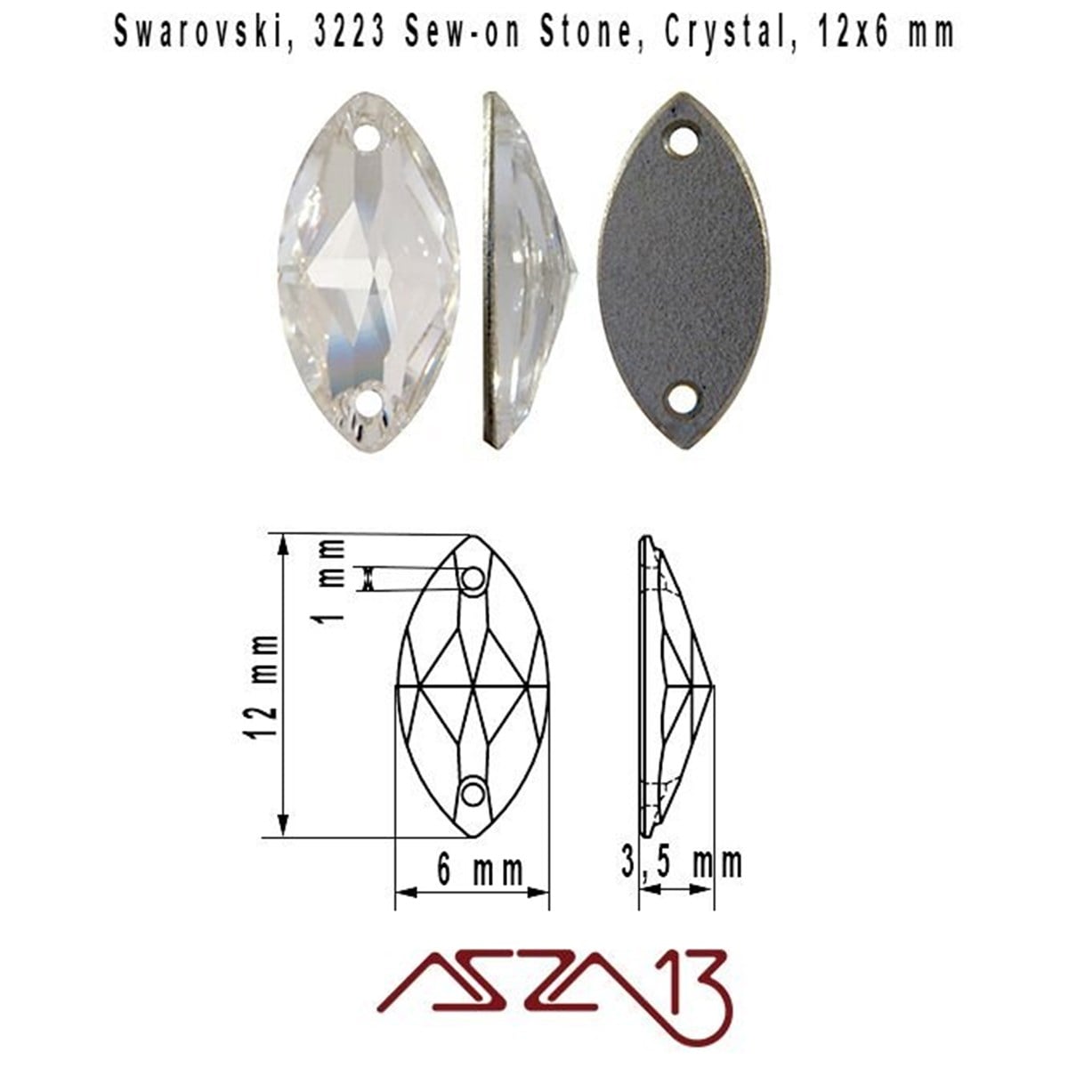 Swarovski 3223 Crystal (Sew-on Stone) 12x6 mm Kristal DikmeTaş