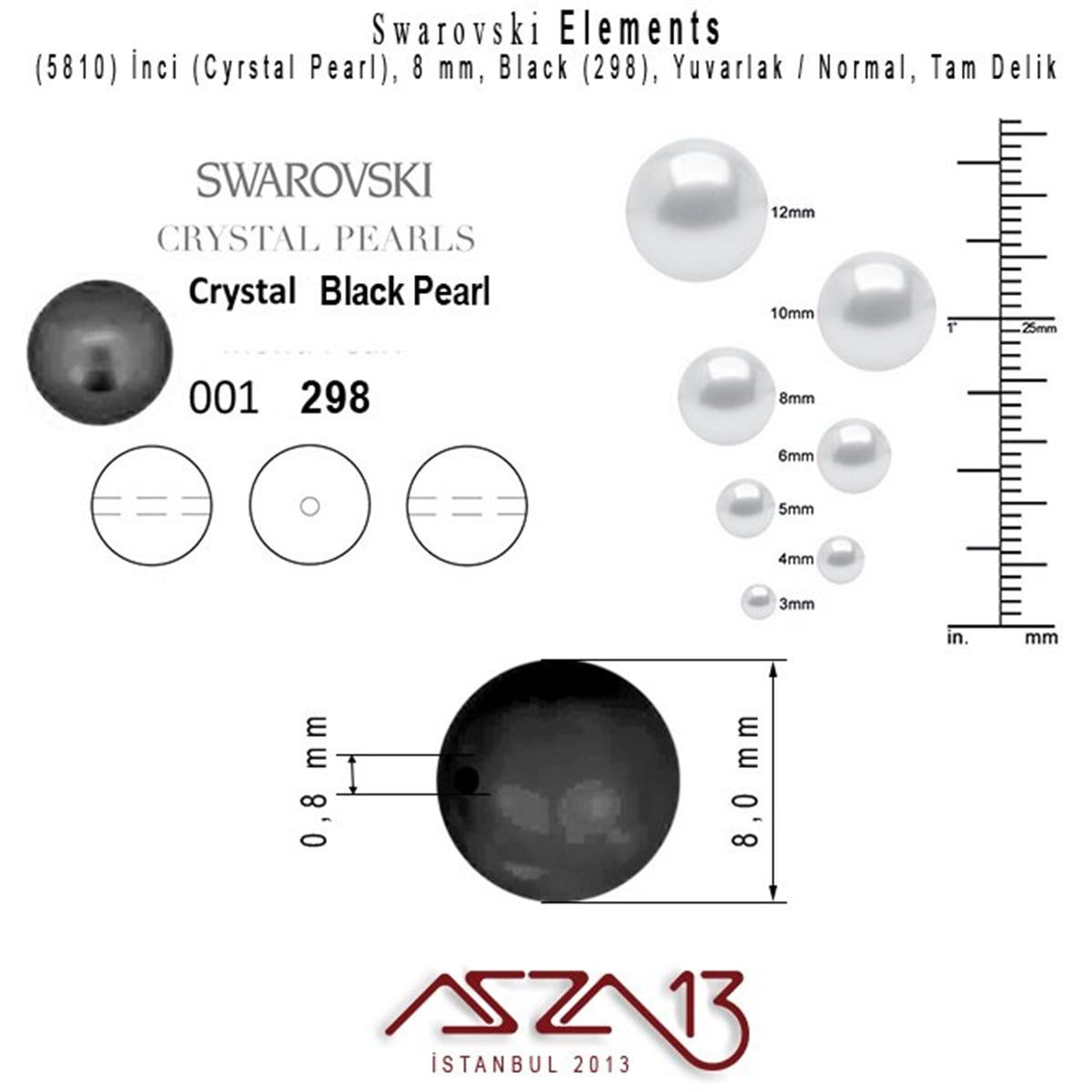 5810-298 Crystal Black Pearl 8 mm (İnci) / 30 Adet