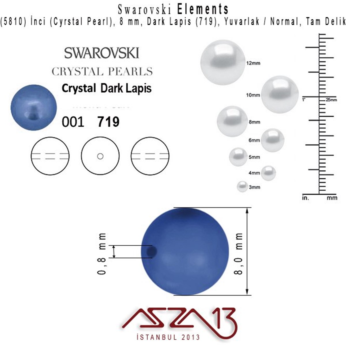 5810-719 Crystal Dark Lapis Pearl 8 mm (İnci) / 30 Adet