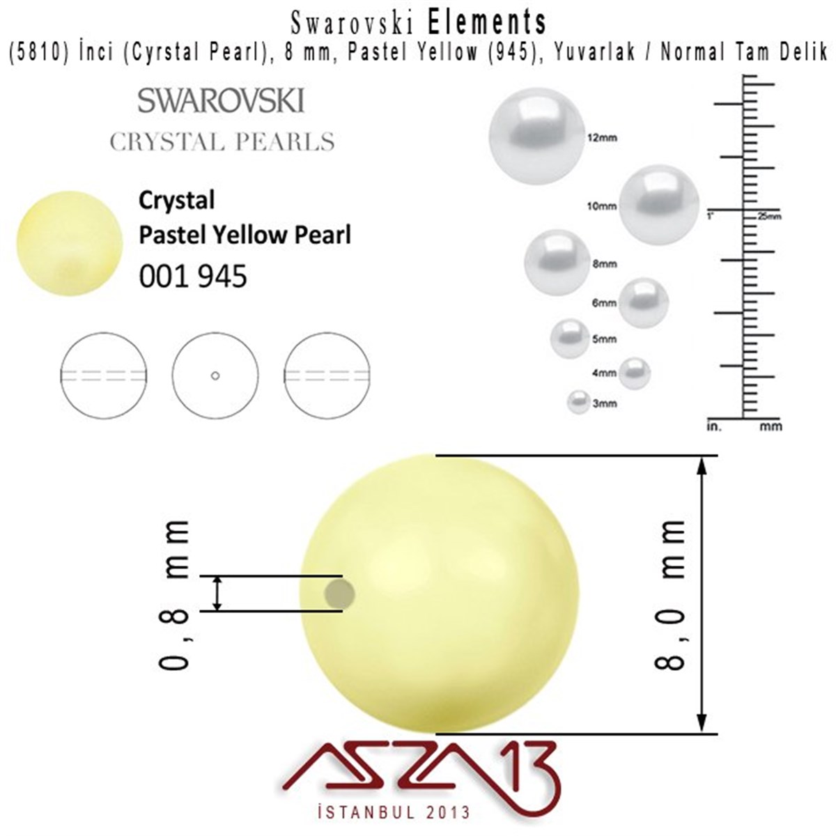5810-945 Crystal Pastel Yellow Pearl 8 mm (İnci) / 30 Adet