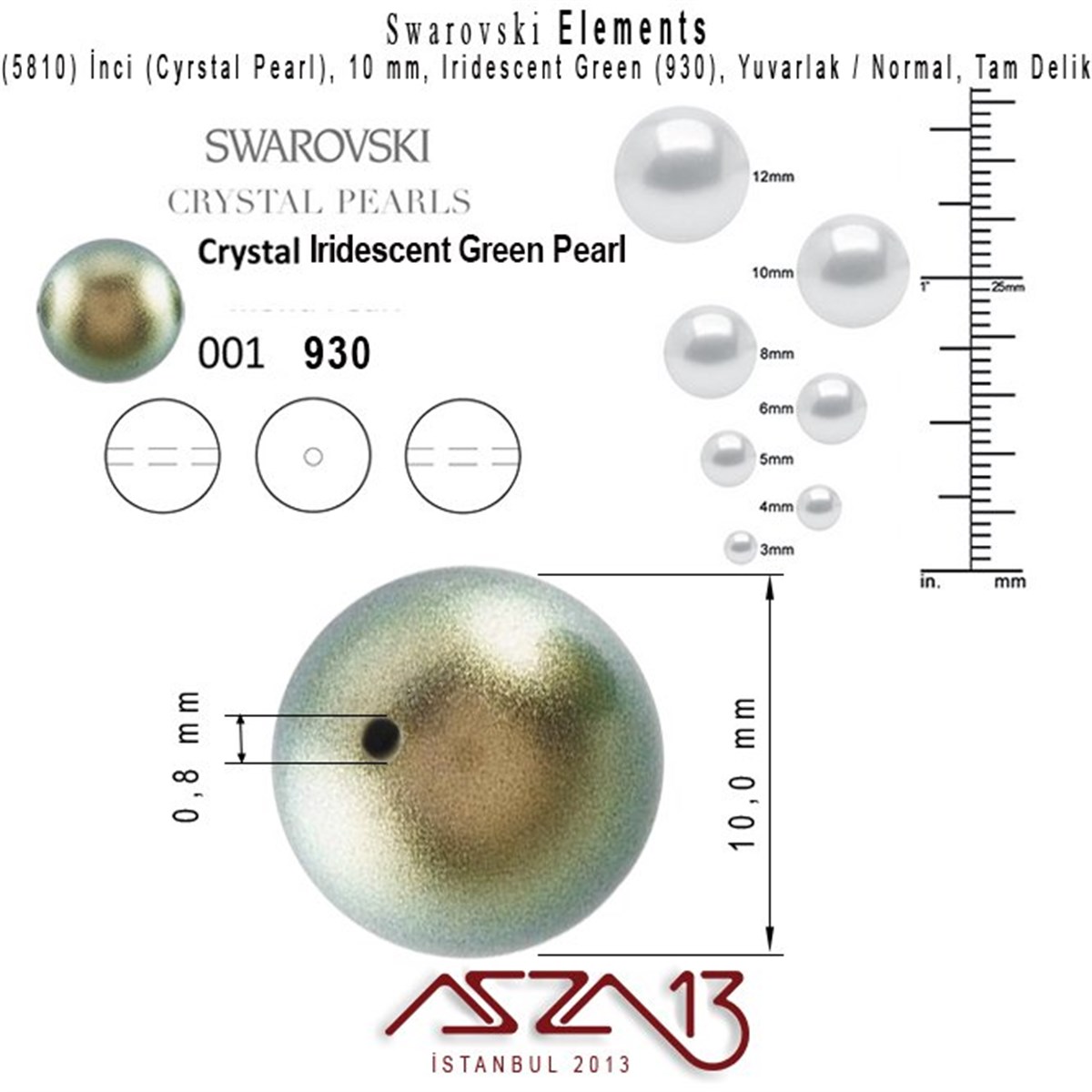 5810-930 Crystal Iridescent Green Pearl 10 mm (İnci) / 15 Adet