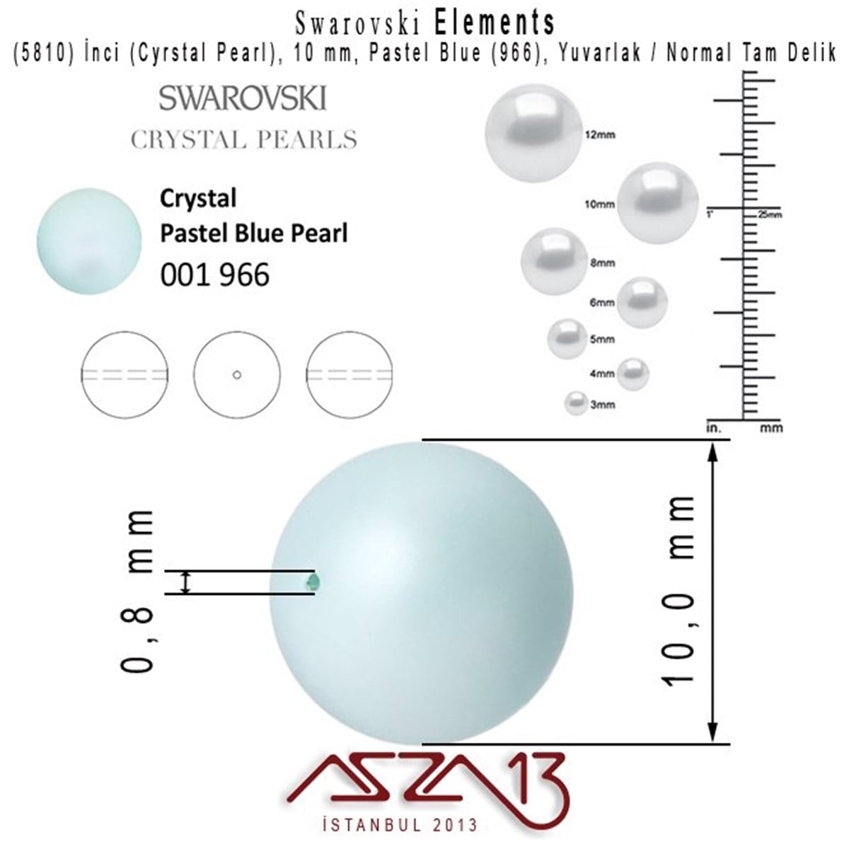 5810-966 Crystal Pastel Blue Pearl 10 mm (İnci) / 15 Adet