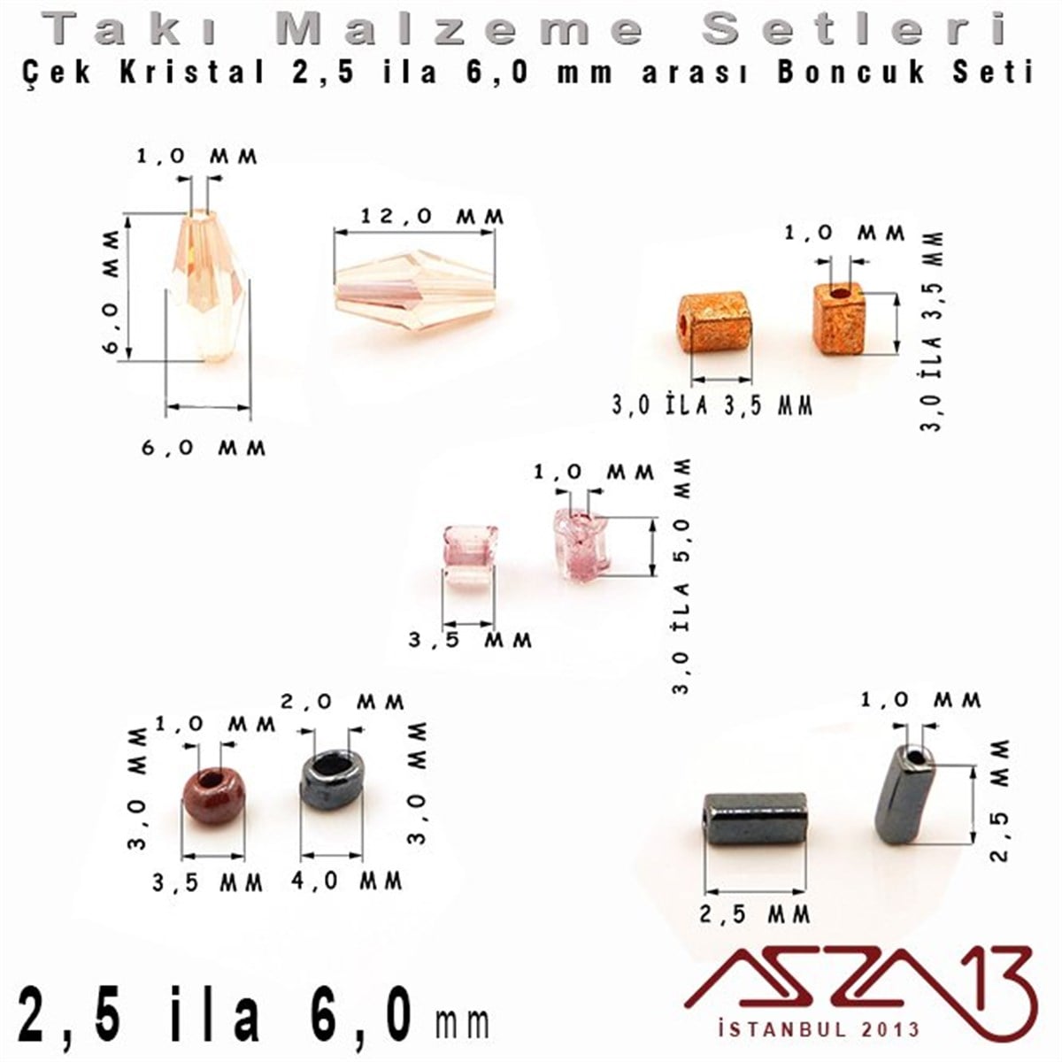 Çek Kristali - 2,5 ila 6,0 mm - Karışık Şekil - Boncuk Set / 125 Gram - 5 Renk