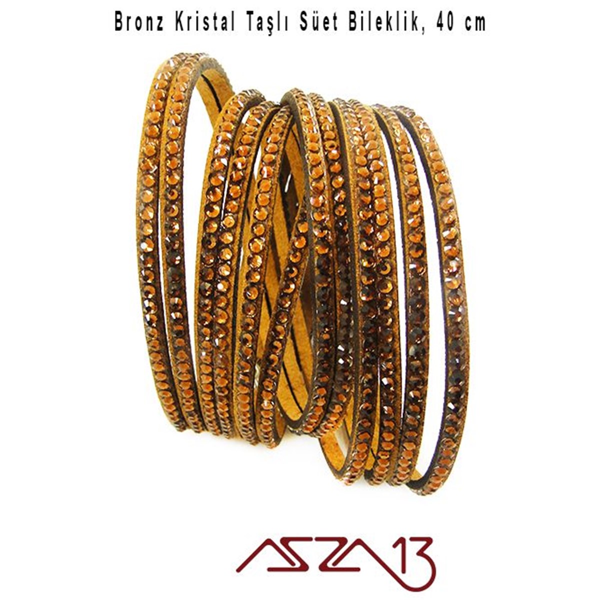 Bronz Kristal Taşlı Çift Sarım Süet Deri Bileklik