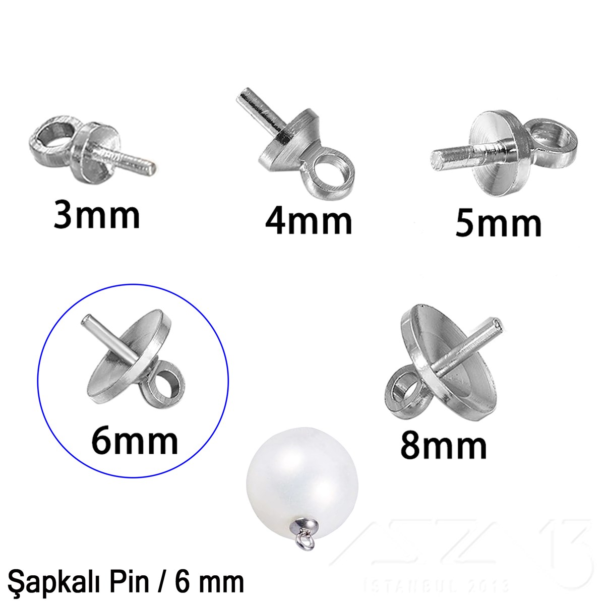 Şapkalı Pin - 6 mm - Dört Çeşit Kaplama Seçenekli / 2 Adet