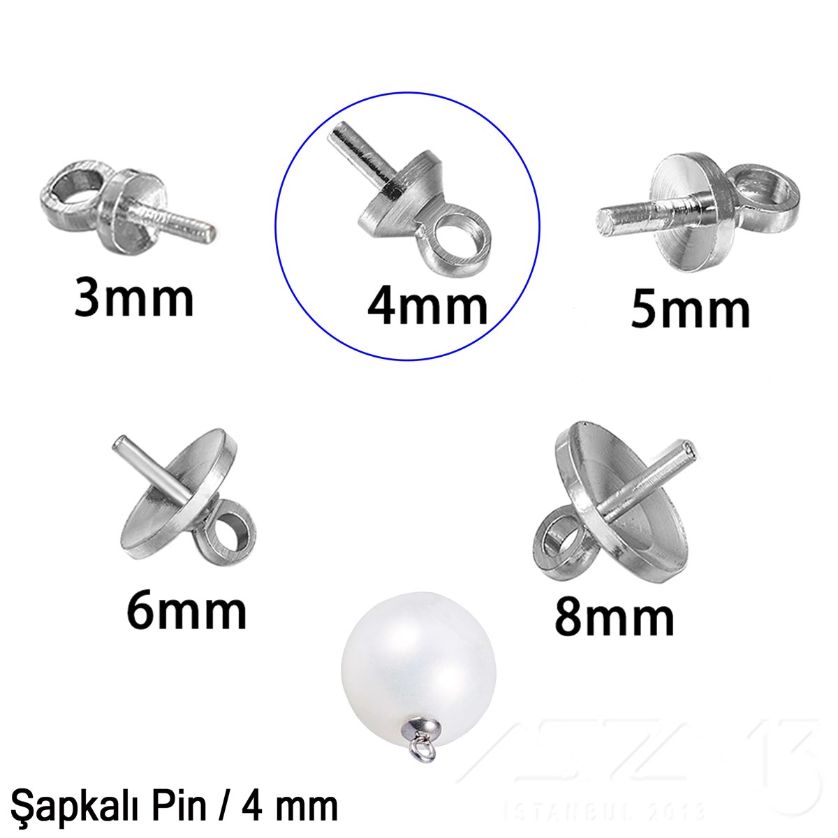 Şapkalı Pin - 4 mm - Dört Çeşit Kaplama Seçenekli / 4 Adet